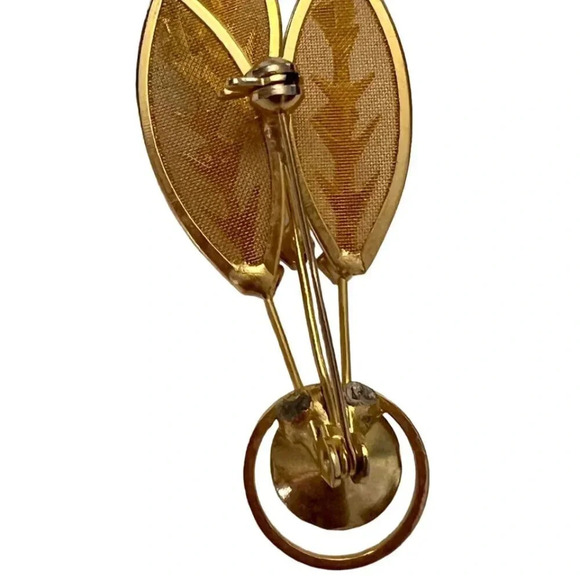 Vintage 60s-70s Three Mesh Leaf Rhinestone Brooch Pin Gold Tone - Picture 2 of 2